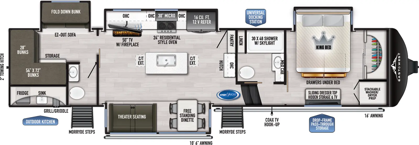 The 378BH-OK has four slideouts and two entries. Exterior features drop-frame pass through storage, universal docking station, coax TV hookup, MORryde steps, outdoor kitchen with grill/griddle, sink and refrigerator, 10 foot 6 inch awning and 16 foot awning, and 2 inch towing hitch. Interior layout front to back: front bedroom closet and stackable washer/dryer prep, off-door side king bed slideout with drawers under bed, and door side dresser with hidden storage and TV; off-door side full bathroom with medicine cabinet, linen closet, and shower with skylight; two steps down to main living area and entry; overhead cabinet, hutch and pantry along inner wall; off-door side slideout with 12V refrigerator, overhead cabinet, residential-style oven, microwave, and TV with fireplace; kitchen island with sink, and countertop extensions; door side slideout with free-standing dinette and theater seating; rear bunk room with half bathroom with second entry, two bunks on the rear wall with storage, and an off-door slideout with fold down bunk above an EZ-out sofa.